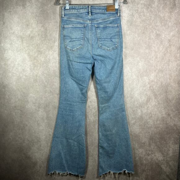 American Eagle Super Hi-Rise Flare Jeans Womens 4 Blue Denim Distressed Stretch - Picture 8 of 16
